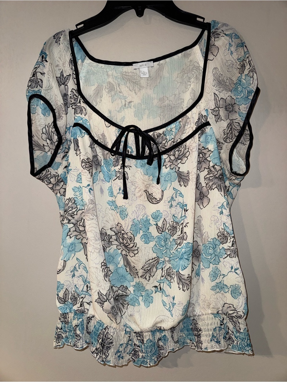 apt. 9 Womens L White Blue Black Floral Scoop Neck Short Sleeve Tie Blouse